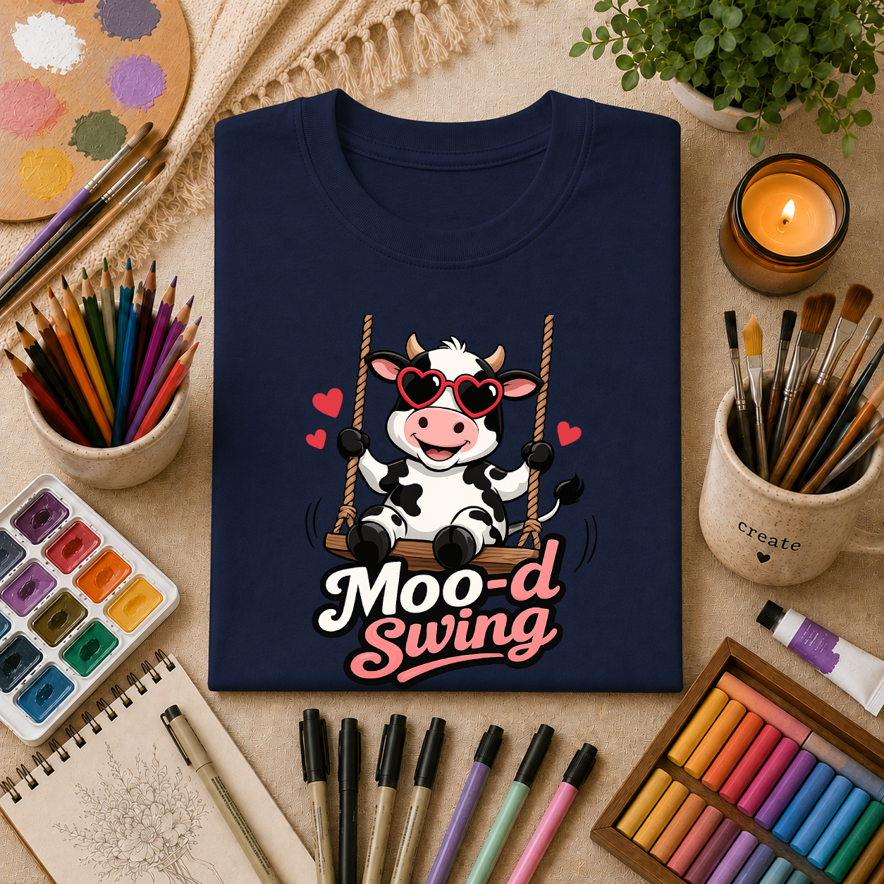 T-Shirt - "Moo-d Swing" Cute Cow on Swing Graphic Tee