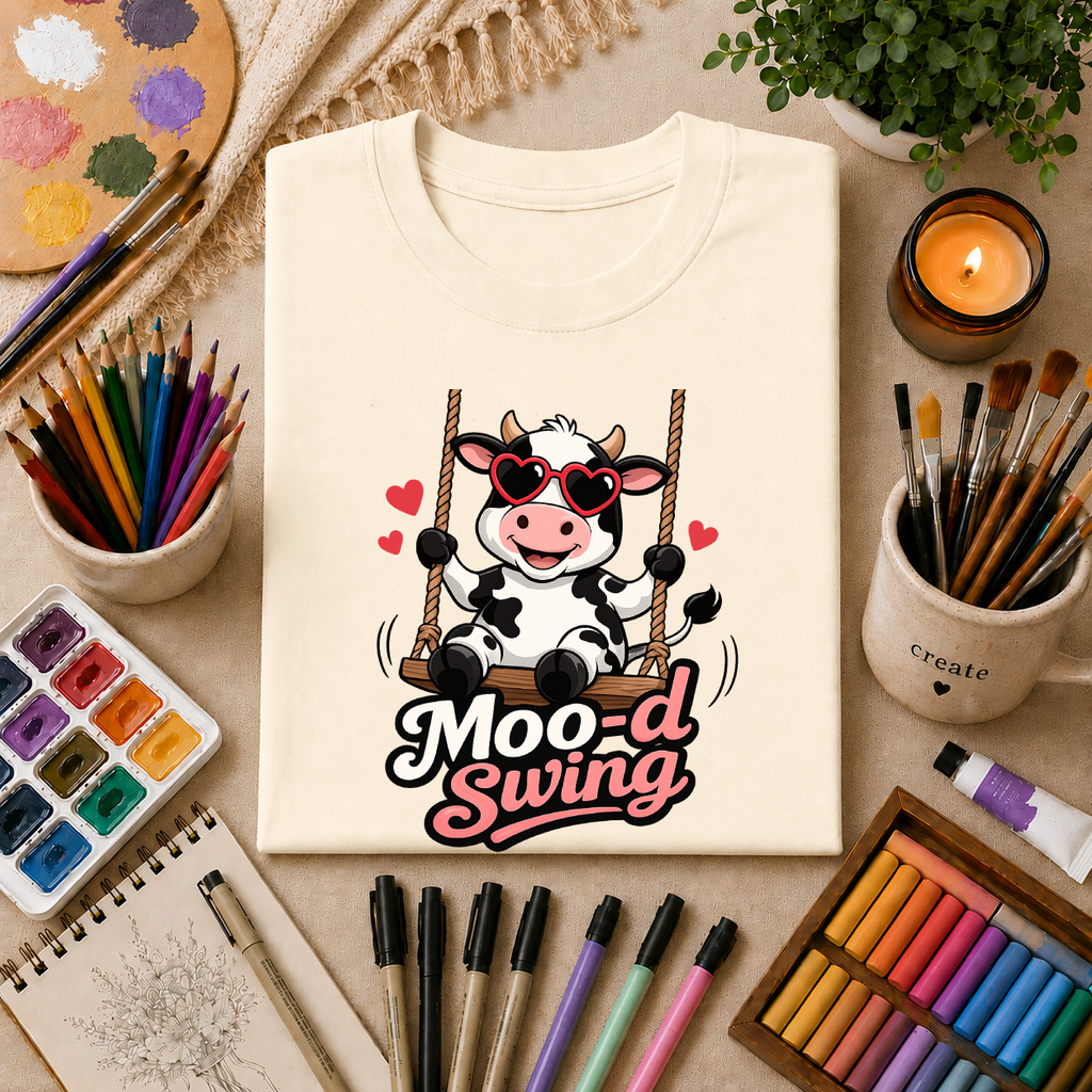 T-Shirt - "Moo-d Swing" Cute Cow on Swing Graphic Tee