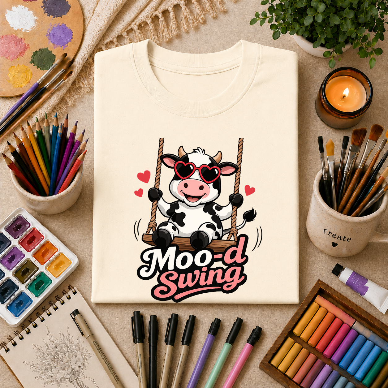 T-Shirt - "Moo-d Swing" Cute Cow on Swing Graphic Tee