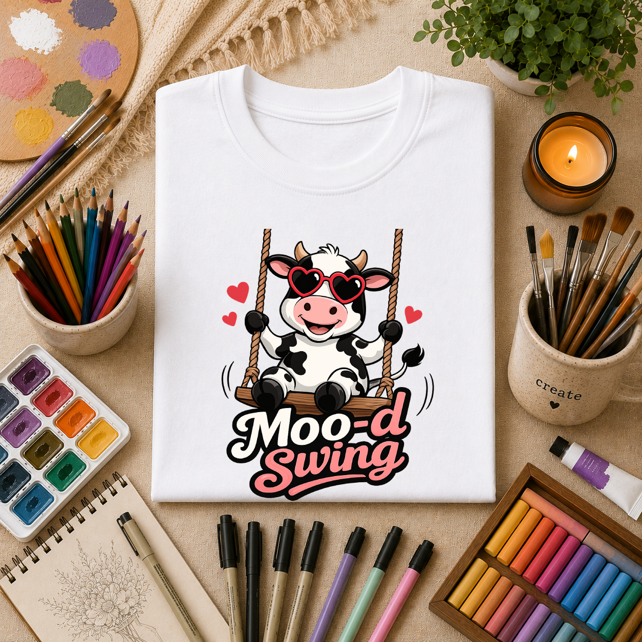 T-Shirt - "Moo-d Swing" Cute Cow on Swing Graphic Tee