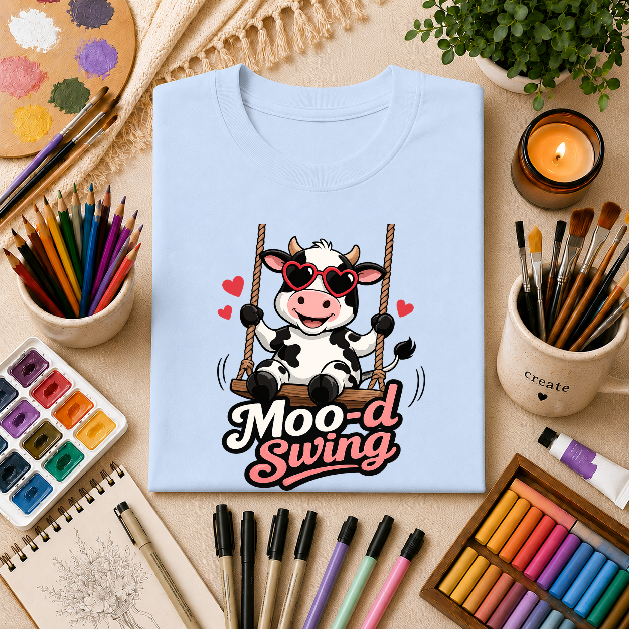 T-Shirt - "Moo-d Swing" Cute Cow on Swing Graphic Tee
