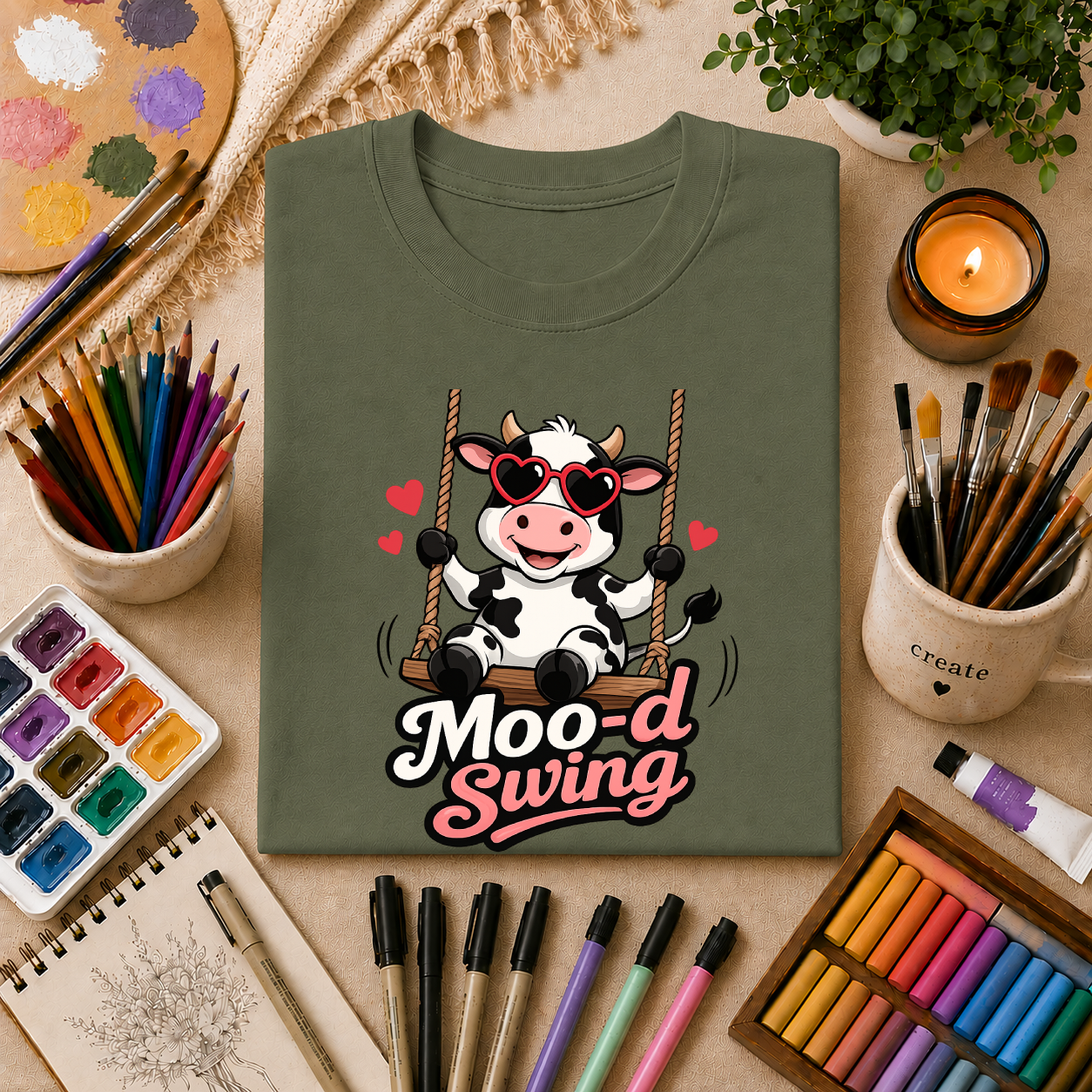 T-Shirt - "Moo-d Swing" Cute Cow on Swing Graphic Tee