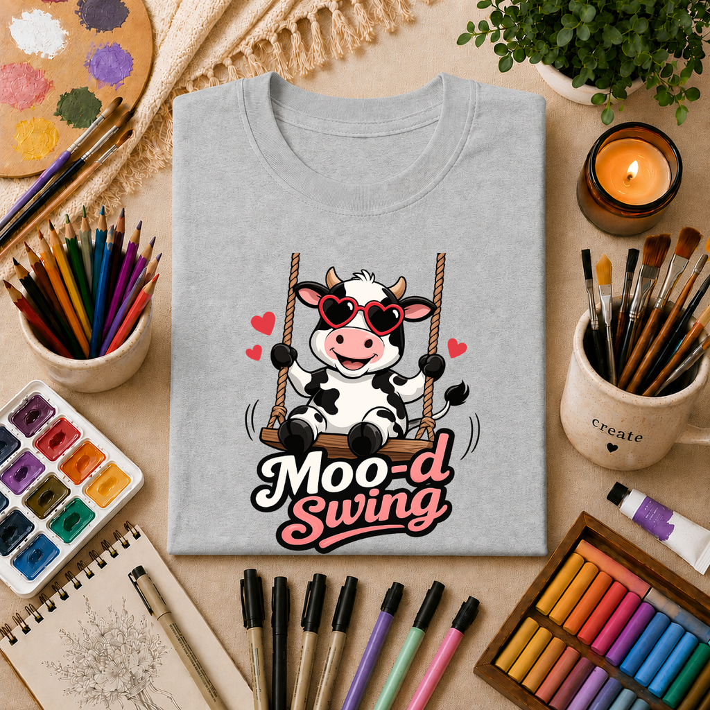 T-Shirt - "Moo-d Swing" Cute Cow on Swing Graphic Tee