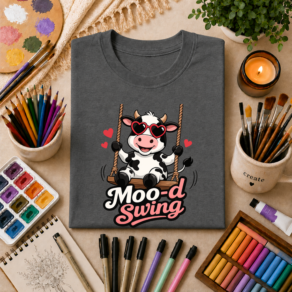 T-Shirt - "Moo-d Swing" Cute Cow on Swing Graphic Tee
