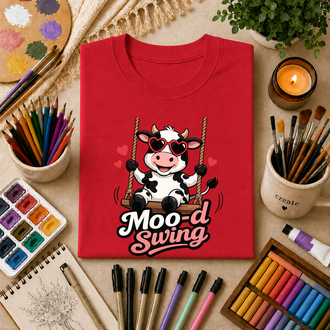 T-Shirt - "Moo-d Swing" Cute Cow on Swing Graphic Tee