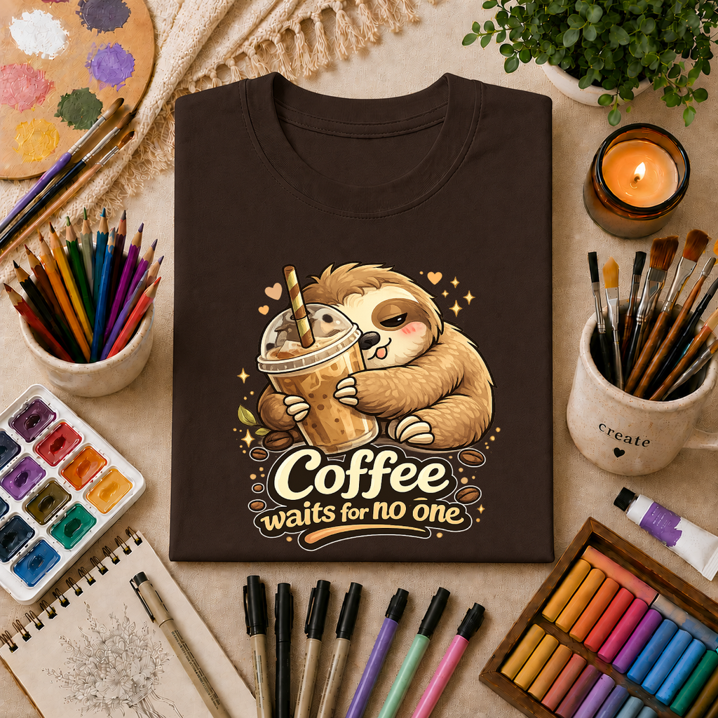 Cute Sloth Hugging Iced Coffee "Coffee Waits For No One" — T‑Shirt Gift