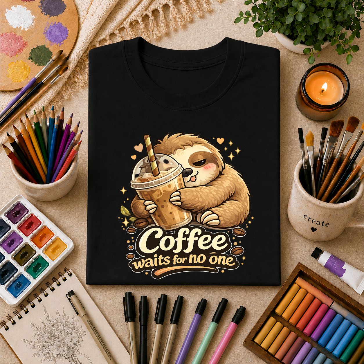 Cute Sloth Hugging Iced Coffee "Coffee Waits For No One" — T‑Shirt Gift