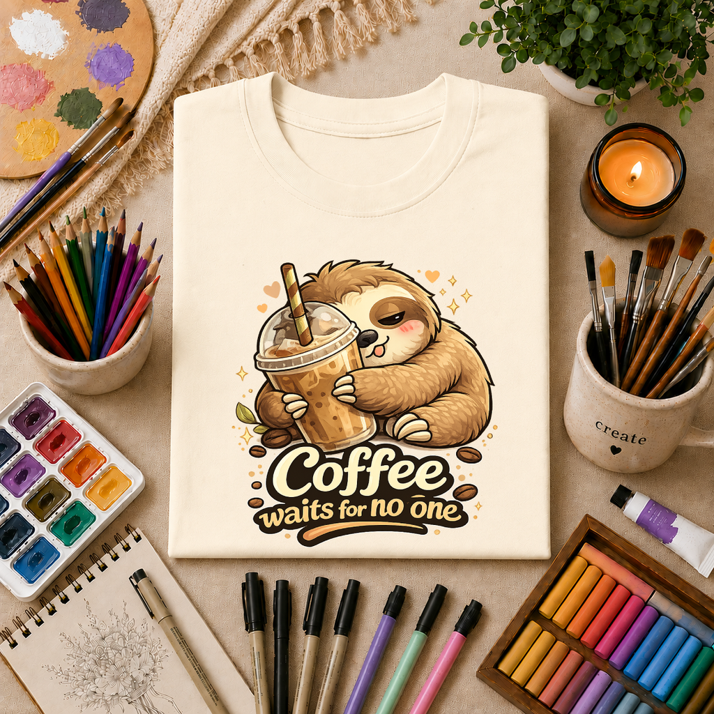 Cute Sloth Hugging Iced Coffee "Coffee Waits For No One" — T‑Shirt Gift