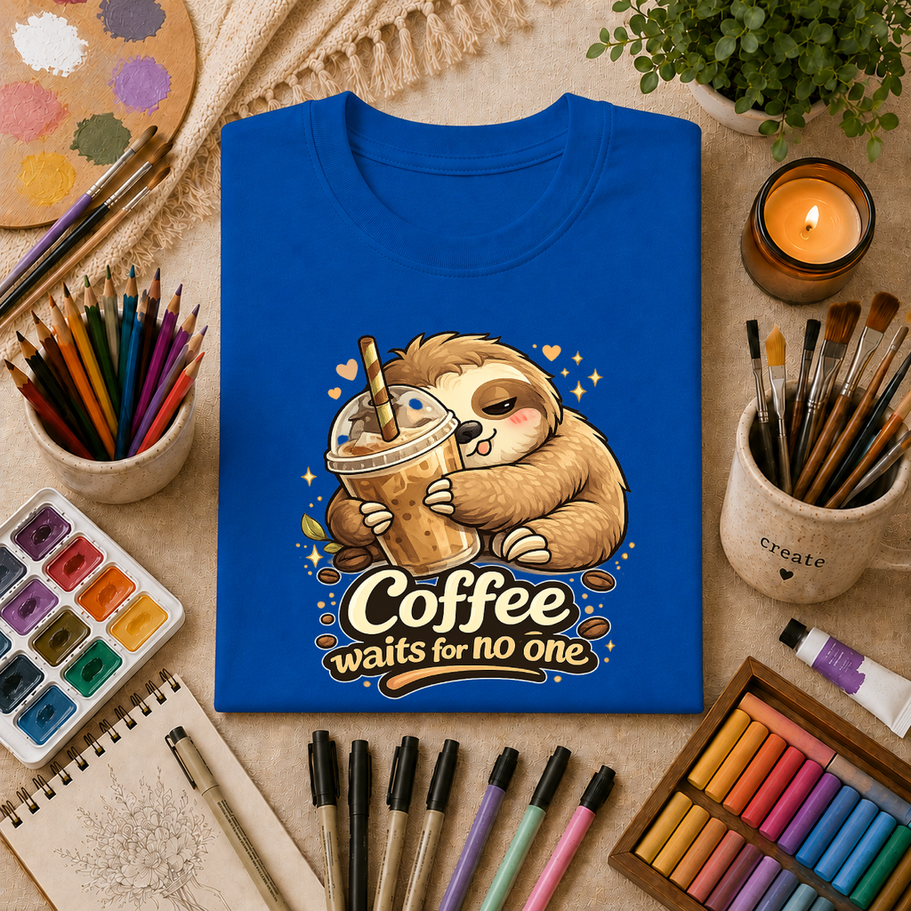 Cute Sloth Hugging Iced Coffee "Coffee Waits For No One" — T‑Shirt Gift