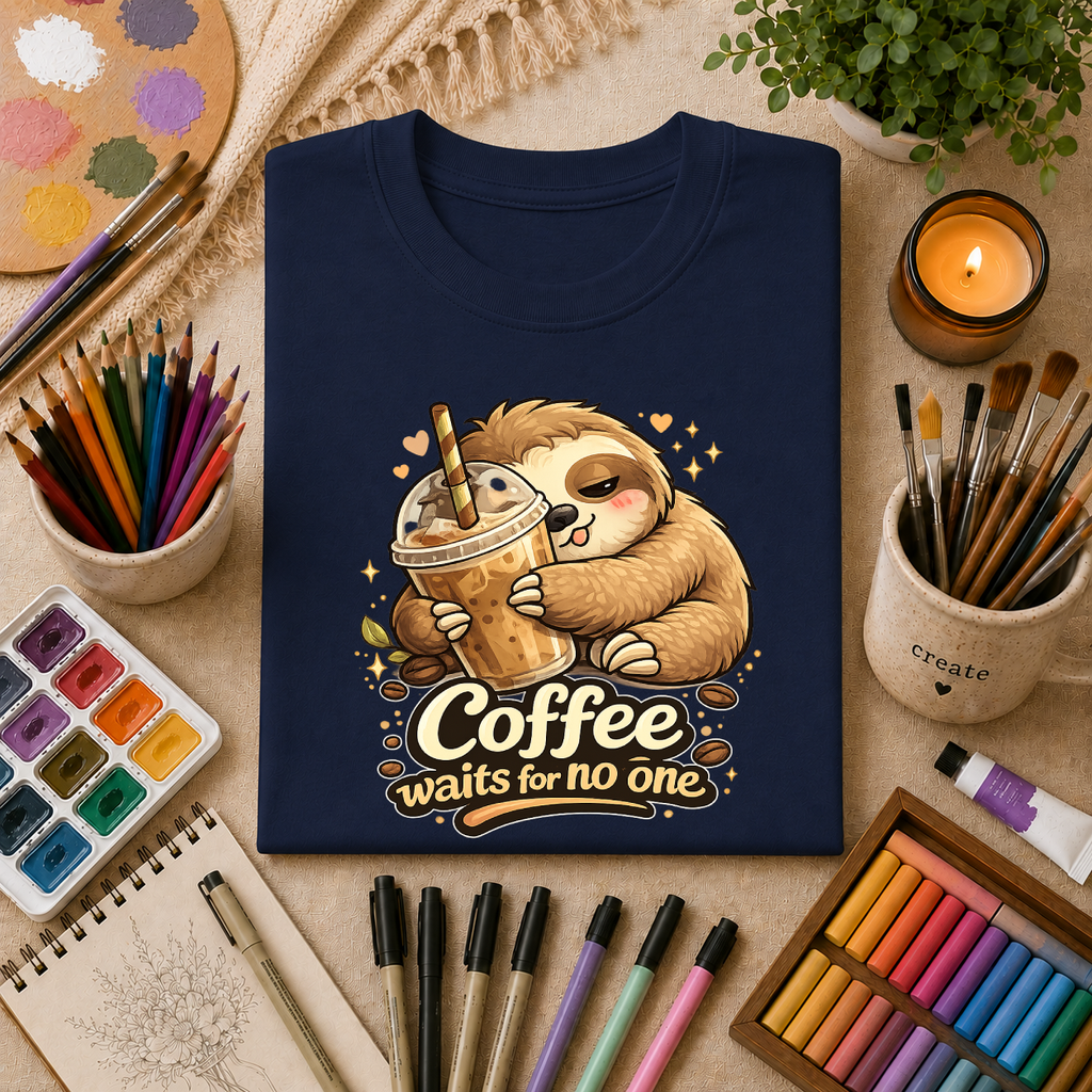 Cute Sloth Hugging Iced Coffee "Coffee Waits For No One" — T‑Shirt Gift