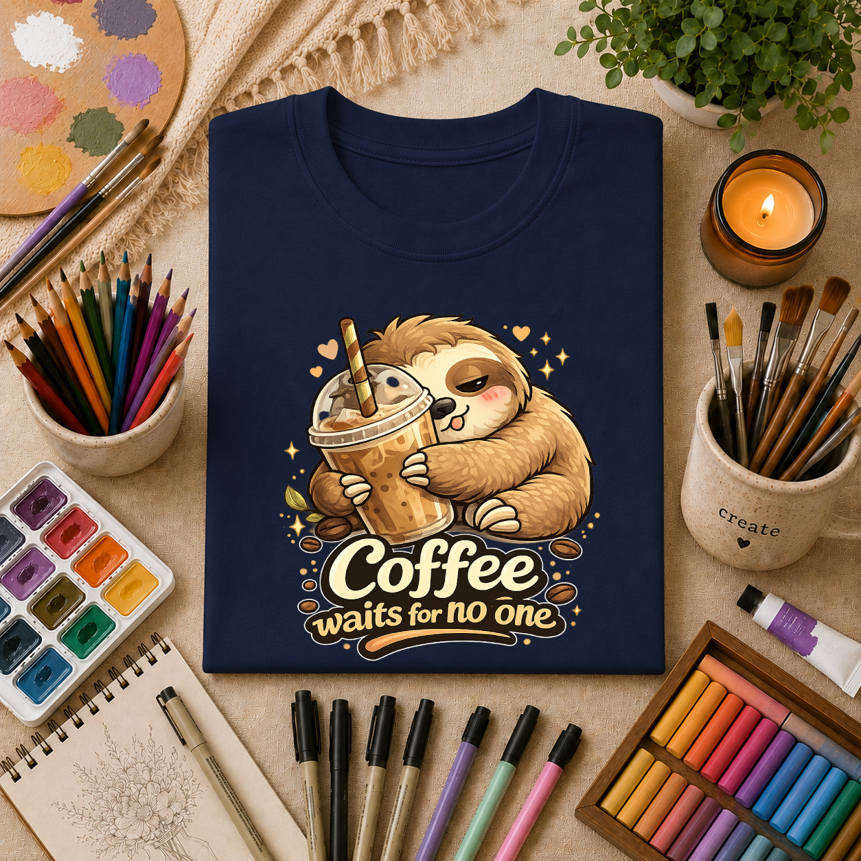 Cute Sloth Hugging Iced Coffee "Coffee Waits For No One" — T‑Shirt Gift