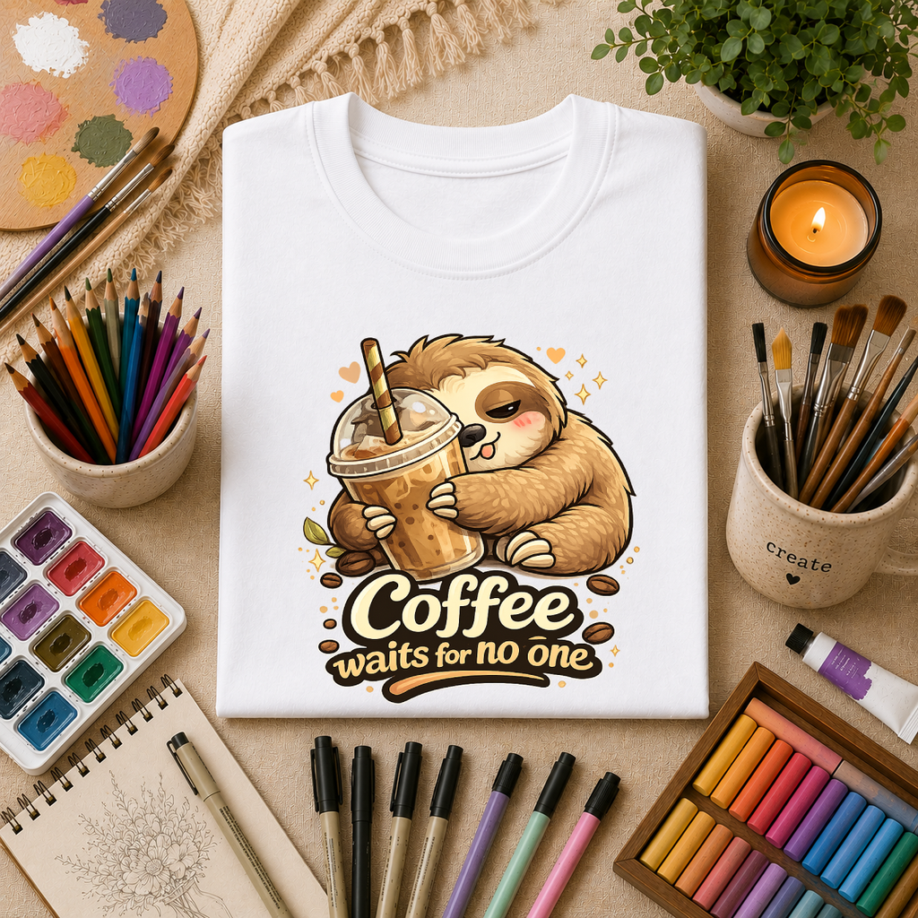 Cute Sloth Hugging Iced Coffee "Coffee Waits For No One" — T‑Shirt Gift