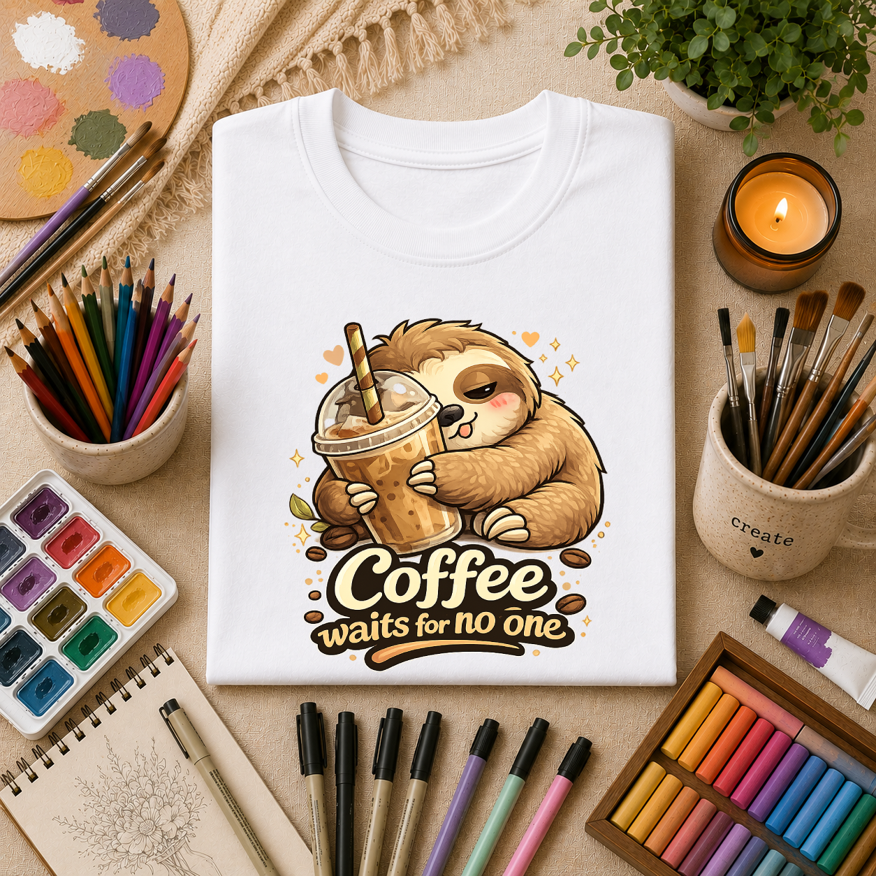 Cute Sloth Hugging Iced Coffee "Coffee Waits For No One" — T‑Shirt Gift