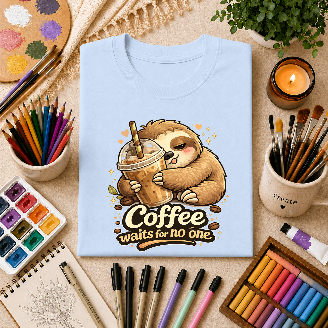 Cute Sloth Hugging Iced Coffee "Coffee Waits For No One" — T‑Shirt Gift