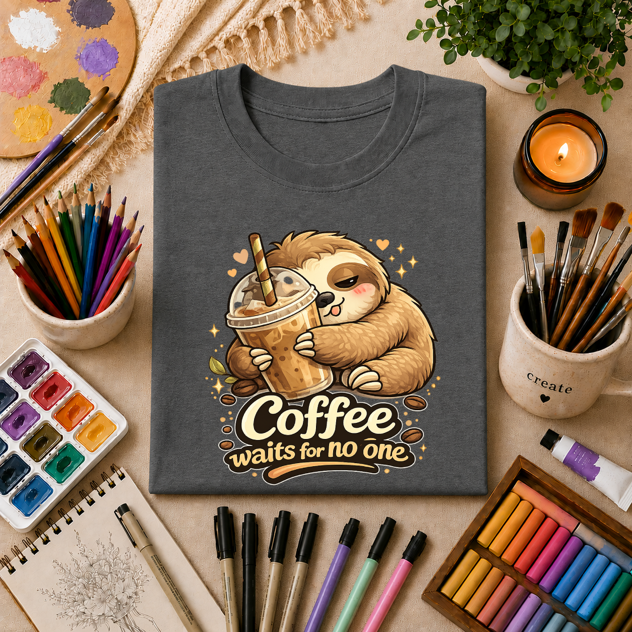 Cute Sloth Hugging Iced Coffee "Coffee Waits For No One" — T‑Shirt Gift