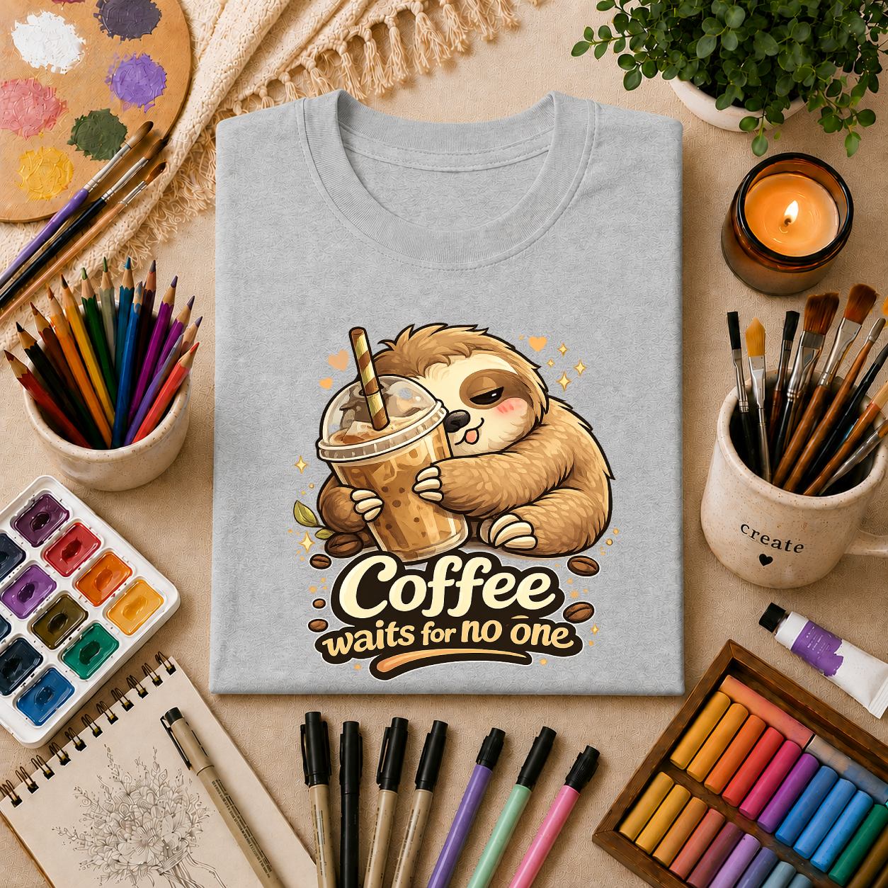 Cute Sloth Hugging Iced Coffee "Coffee Waits For No One" — T‑Shirt Gift