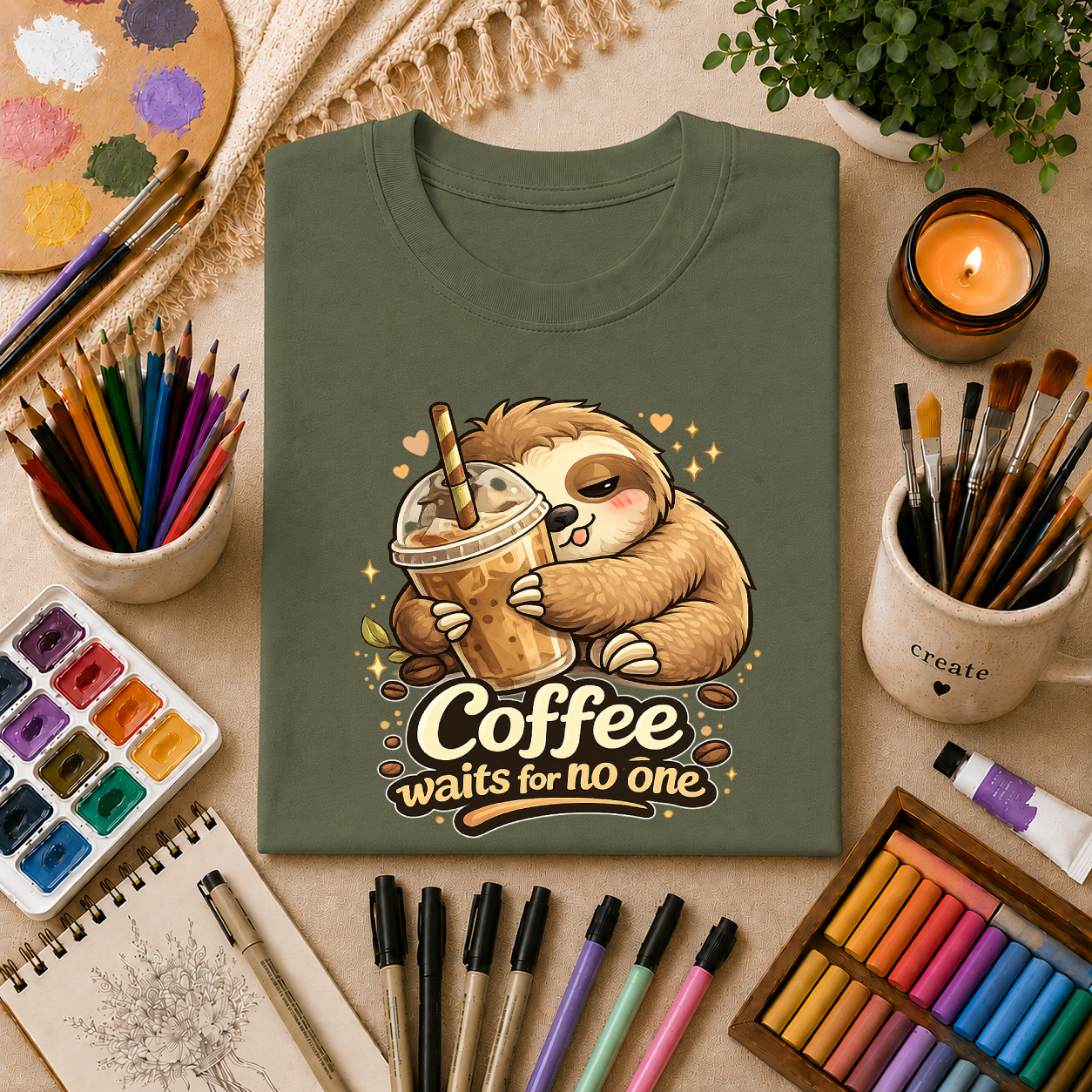 Cute Sloth Hugging Iced Coffee "Coffee Waits For No One" — T‑Shirt Gift
