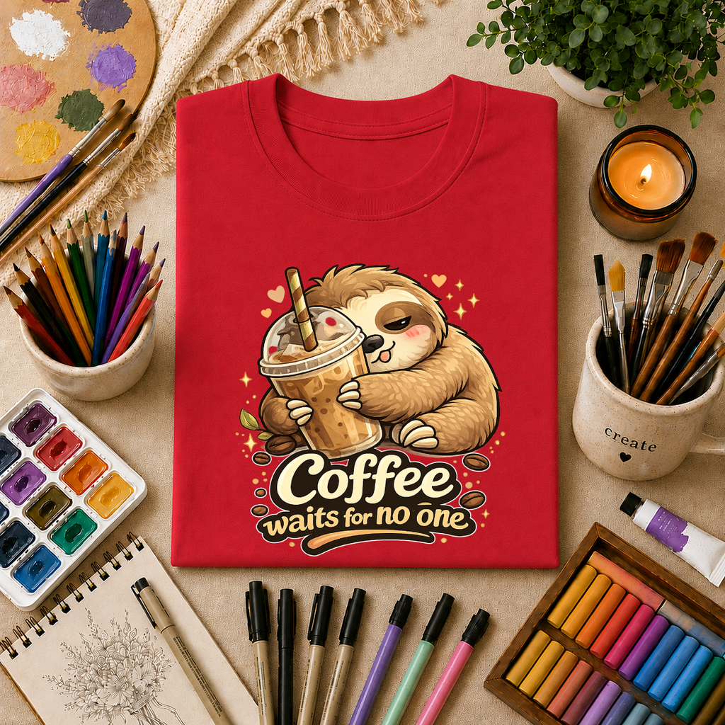 Cute Sloth Hugging Iced Coffee "Coffee Waits For No One" — T‑Shirt Gift