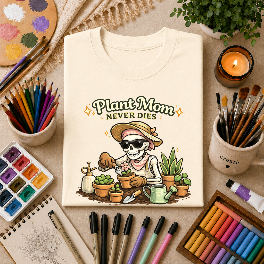 Plant Mom Never Dies T-Shirt — Funny Skeleton Gardener Tee for Plant Lovers