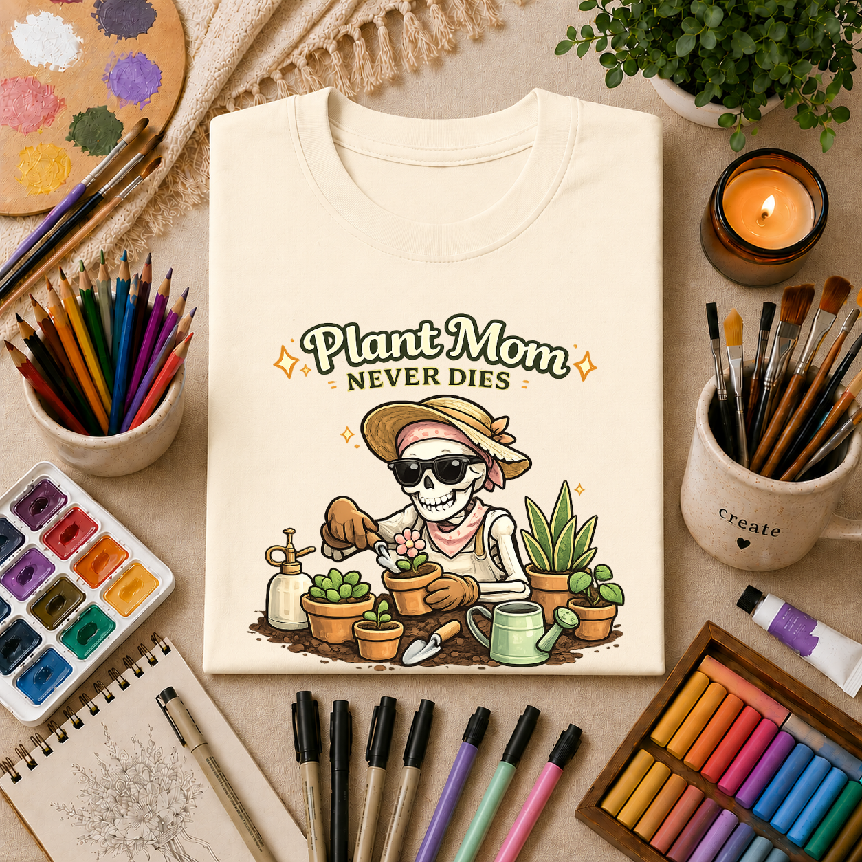 Plant Mom Never Dies T-Shirt — Funny Skeleton Gardener Tee for Plant Lovers