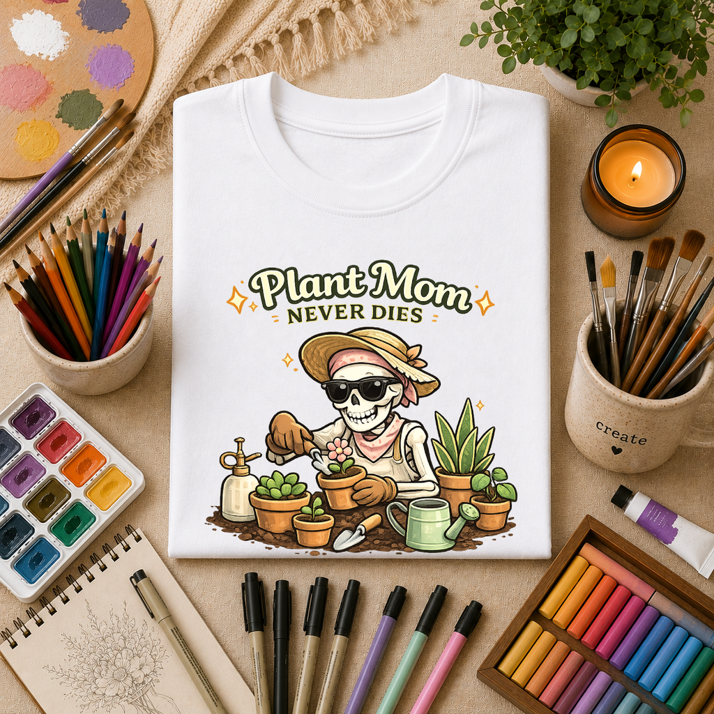 Plant Mom Never Dies T-Shirt — Funny Skeleton Gardener Tee for Plant Lovers
