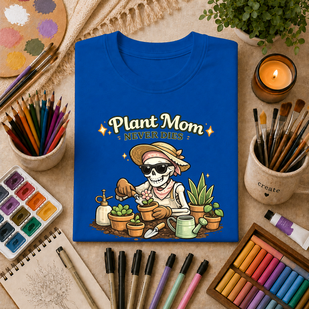 Plant Mom Never Dies T-Shirt — Funny Skeleton Gardener Tee for Plant Lovers