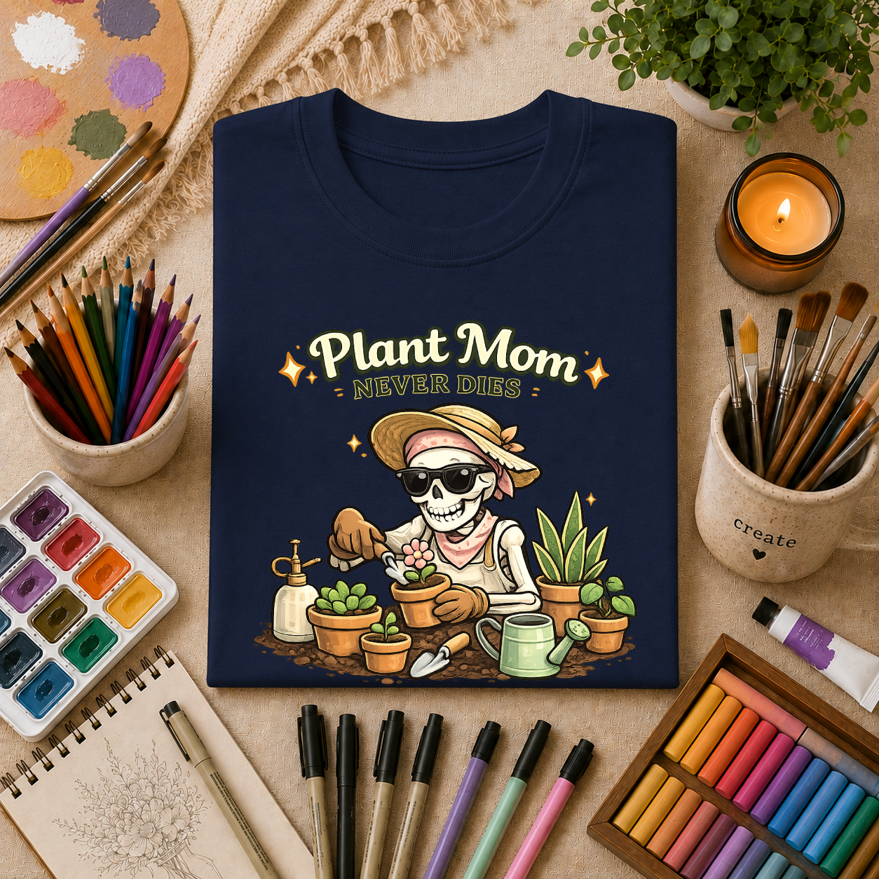 Plant Mom Never Dies T-Shirt — Funny Skeleton Gardener Tee for Plant Lovers