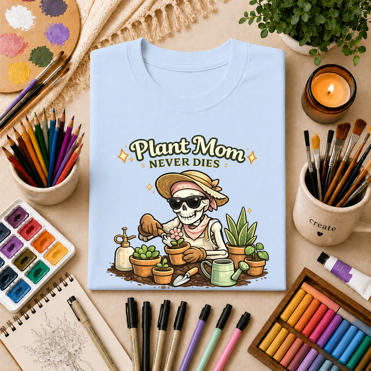 Plant Mom Never Dies T-Shirt — Funny Skeleton Gardener Tee for Plant Lovers