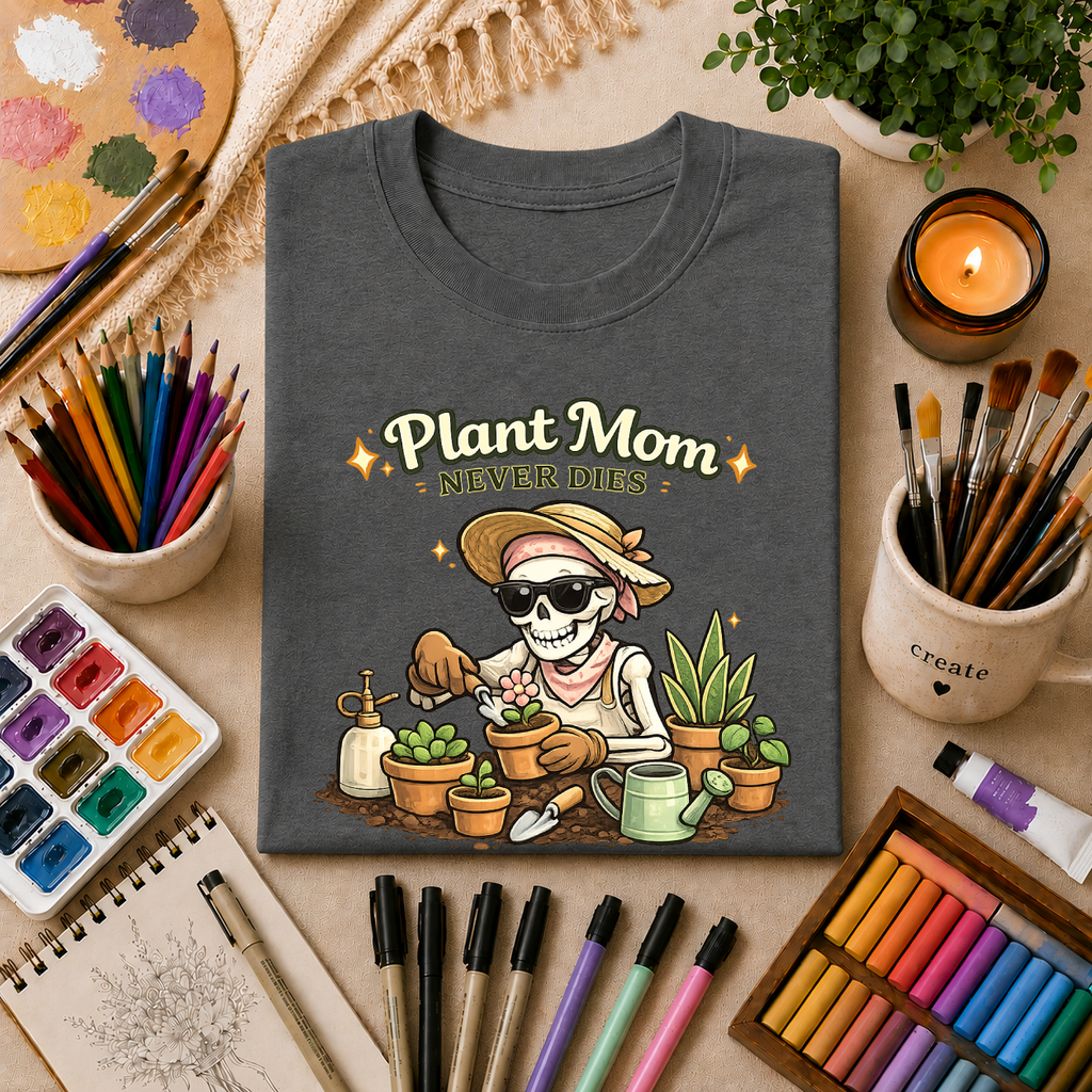 Plant Mom Never Dies T-Shirt — Funny Skeleton Gardener Tee for Plant Lovers