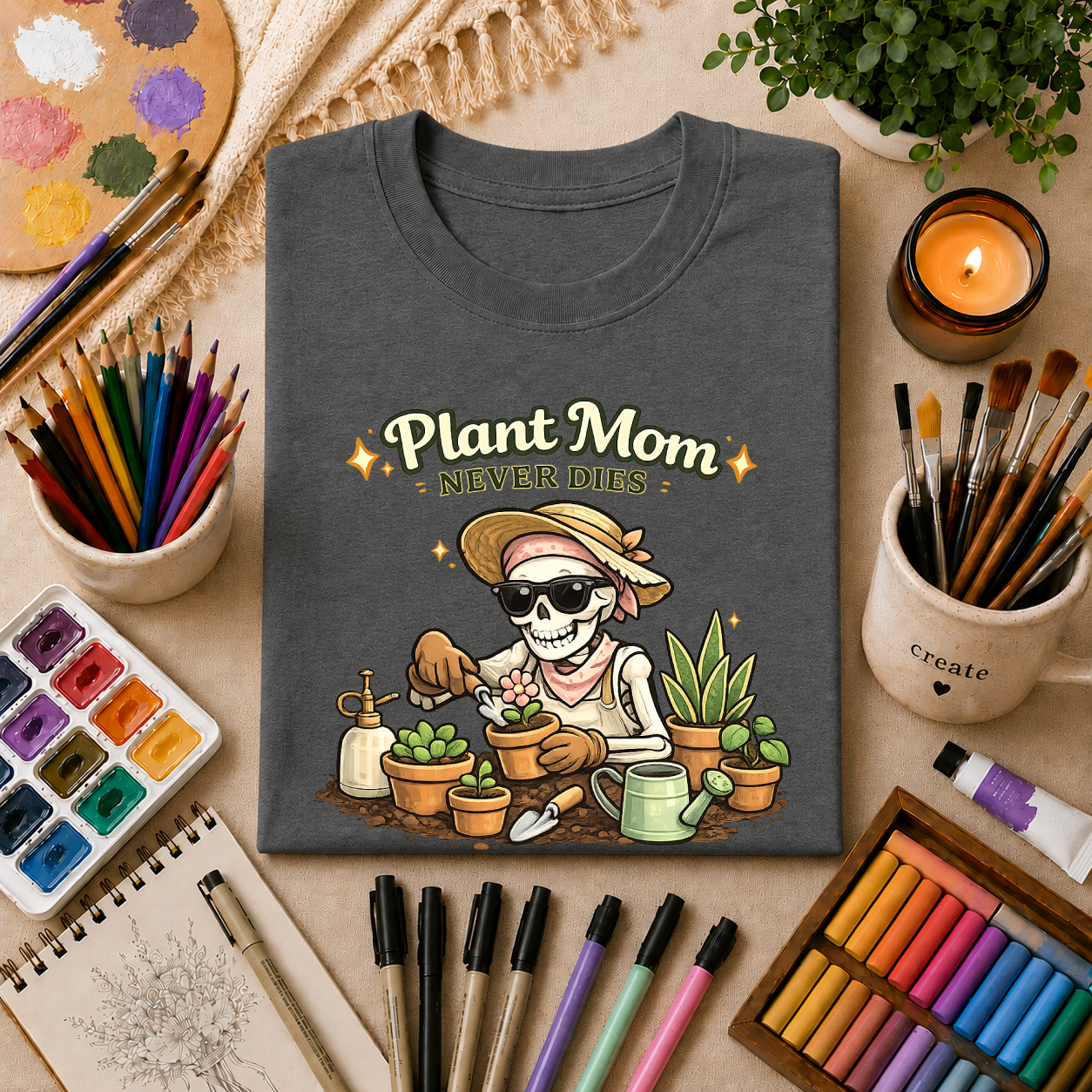 Plant Mom Never Dies T-Shirt — Funny Skeleton Gardener Tee for Plant Lovers