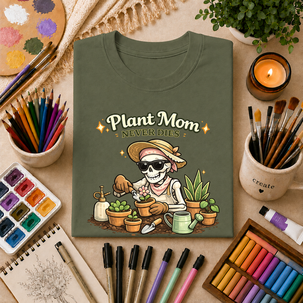 Plant Mom Never Dies T-Shirt — Funny Skeleton Gardener Tee for Plant Lovers