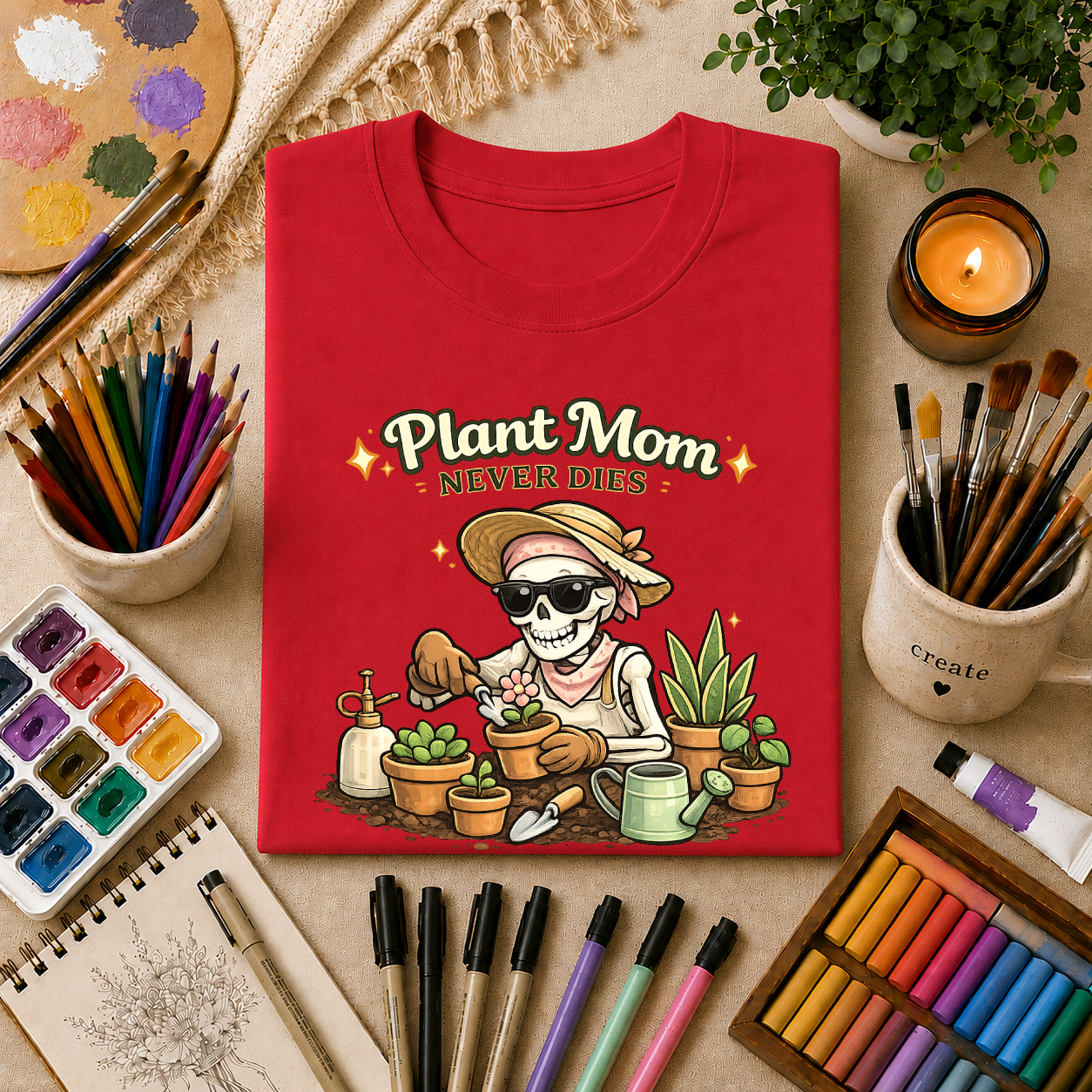 Plant Mom Never Dies T-Shirt — Funny Skeleton Gardener Tee for Plant Lovers