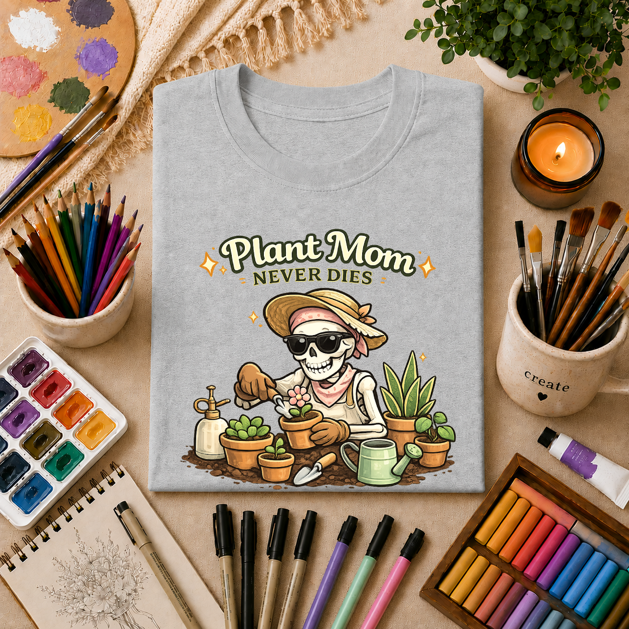 Plant Mom Never Dies T-Shirt — Funny Skeleton Gardener Tee for Plant Lovers