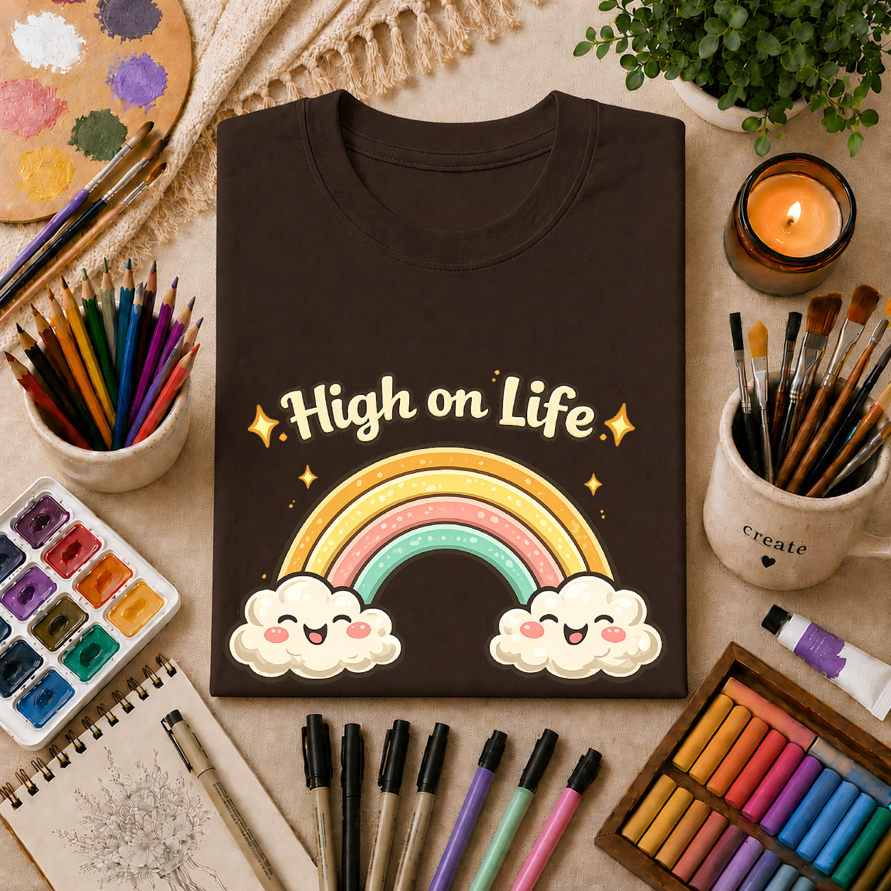 High on Life Cute Rainbow Tee (Retro Pastel Clouds) Gift T-Shirt