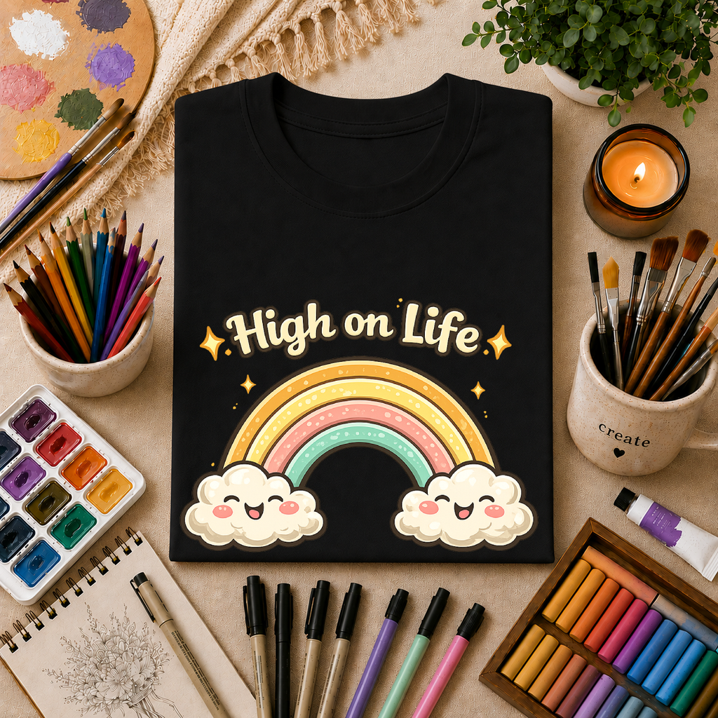 High on Life Cute Rainbow Tee (Retro Pastel Clouds) Gift T-Shirt