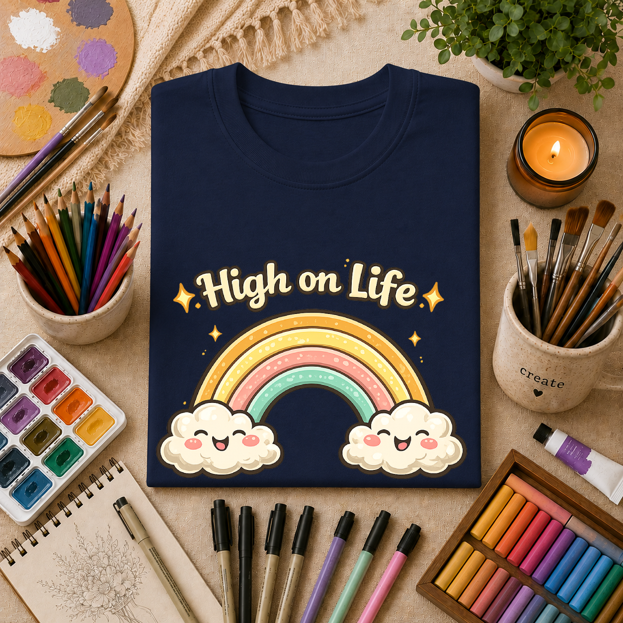 High on Life Cute Rainbow Tee (Retro Pastel Clouds) Gift T-Shirt