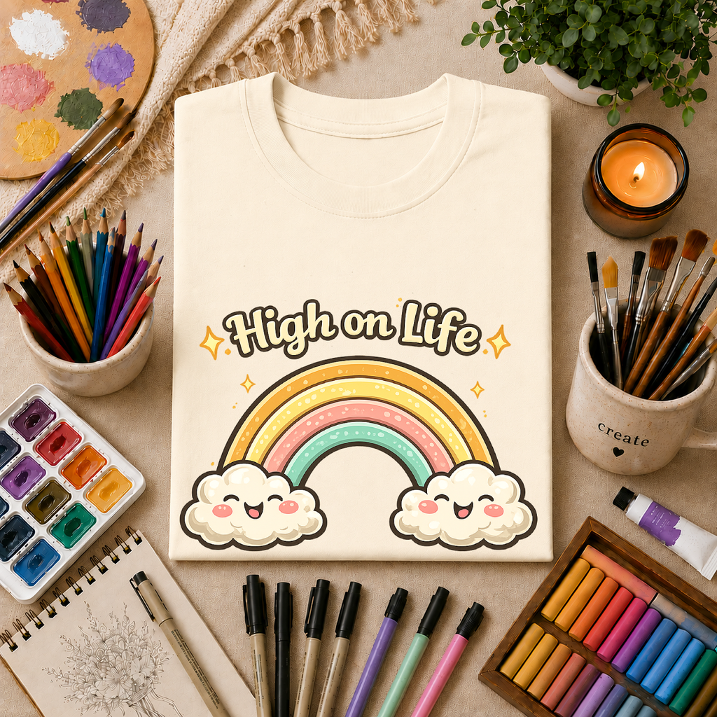 High on Life Cute Rainbow Tee (Retro Pastel Clouds) Gift T-Shirt