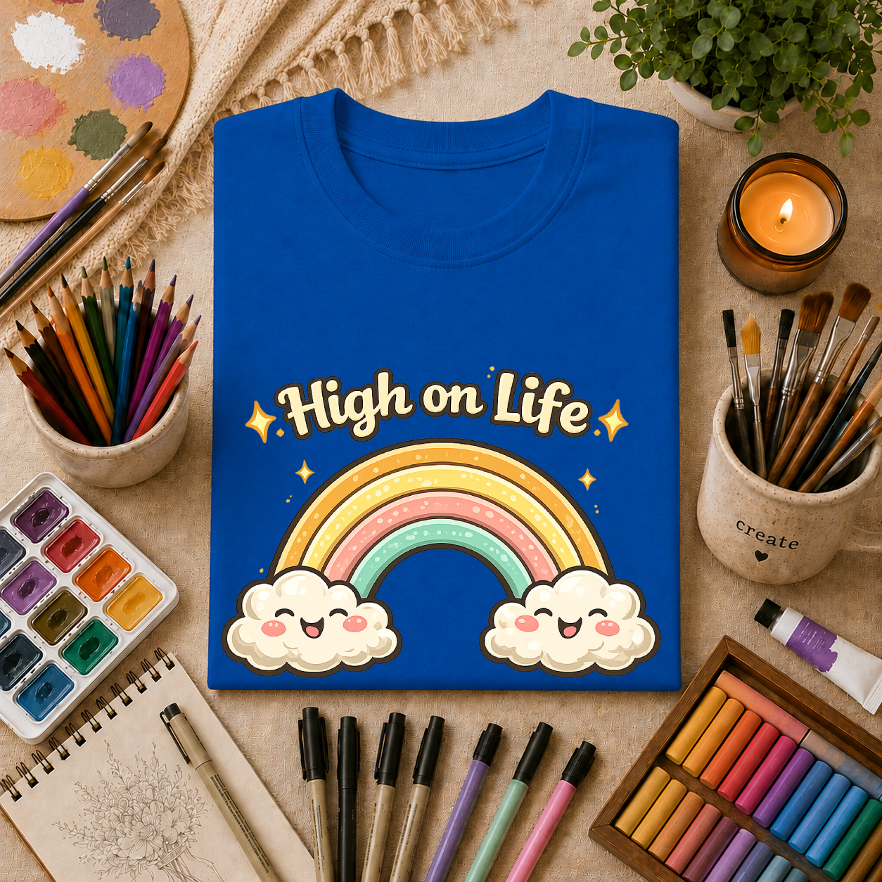 High on Life Cute Rainbow Tee (Retro Pastel Clouds) Gift T-Shirt