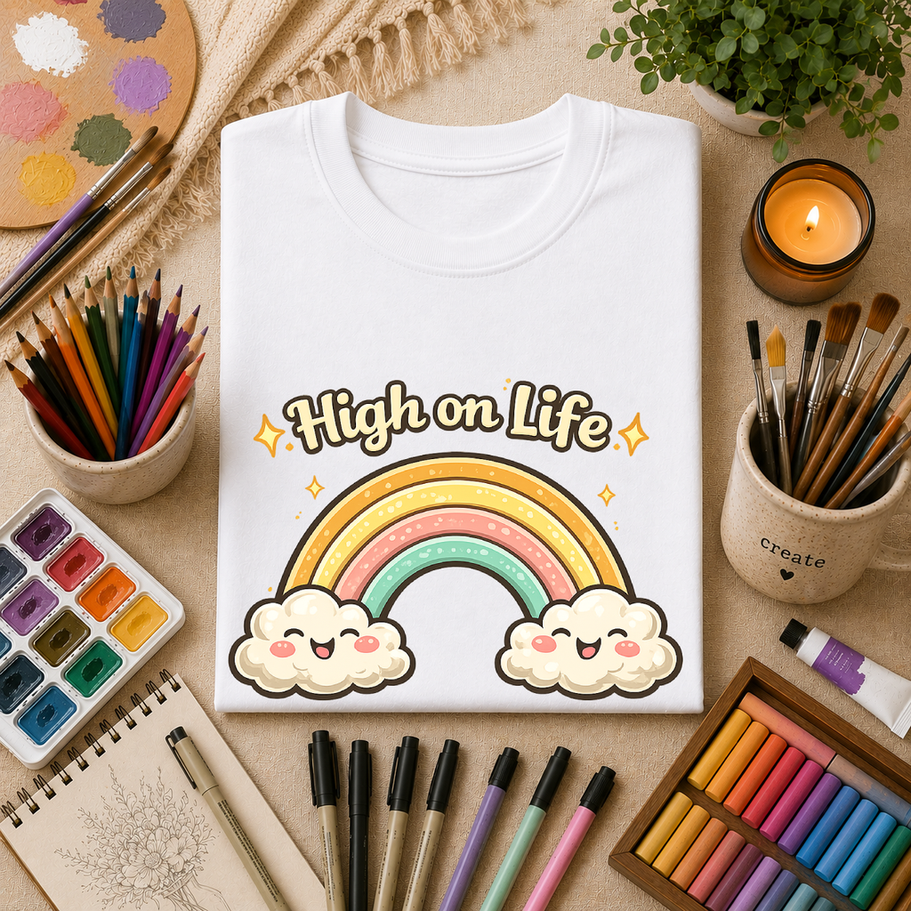 High on Life Cute Rainbow Tee (Retro Pastel Clouds) Gift T-Shirt