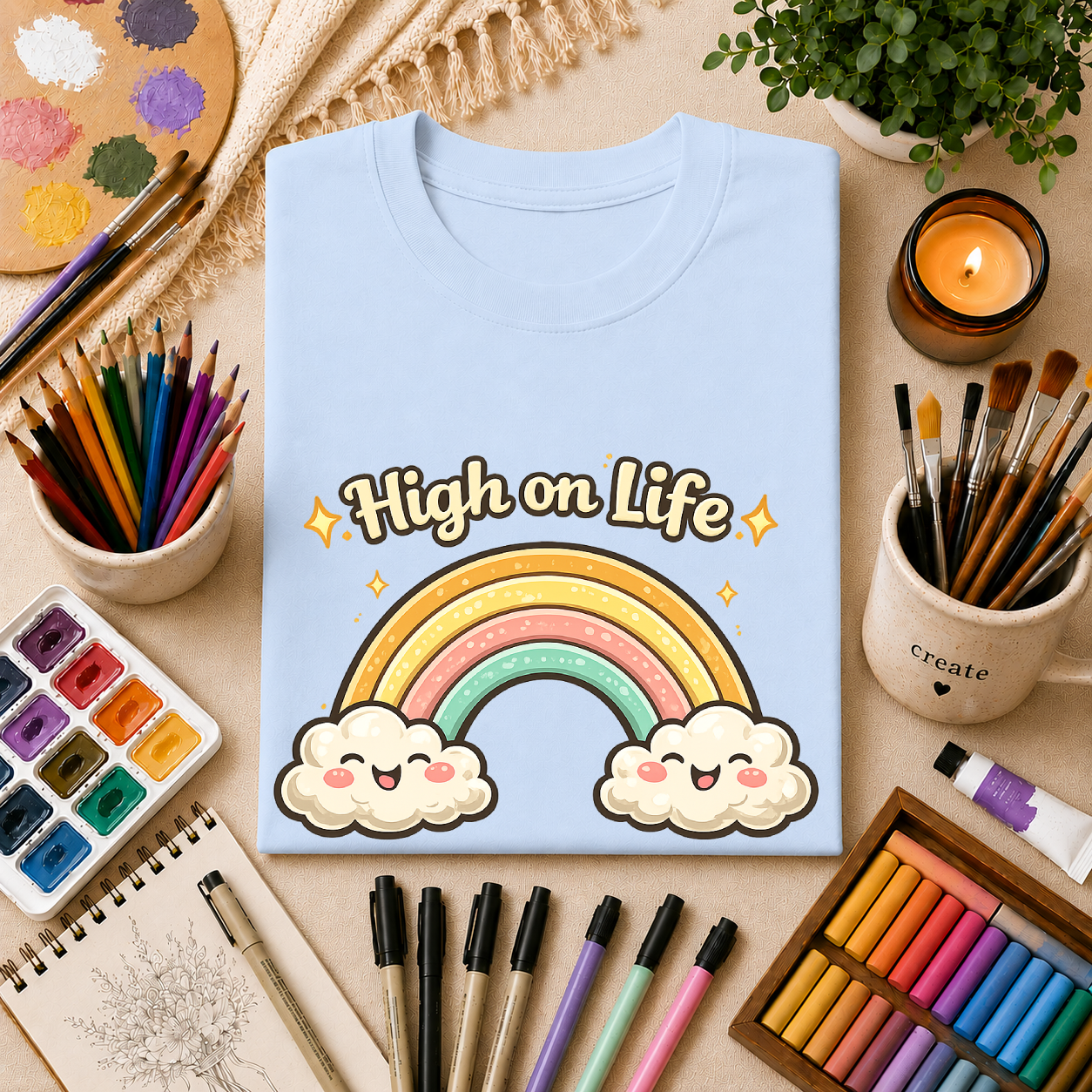 High on Life Cute Rainbow Tee (Retro Pastel Clouds) Gift T-Shirt