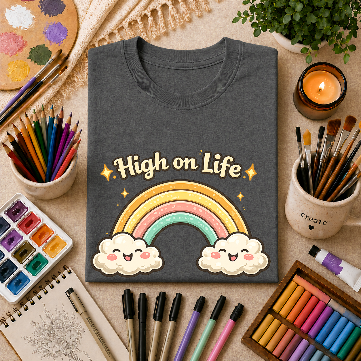 High on Life Cute Rainbow Tee (Retro Pastel Clouds) Gift T-Shirt