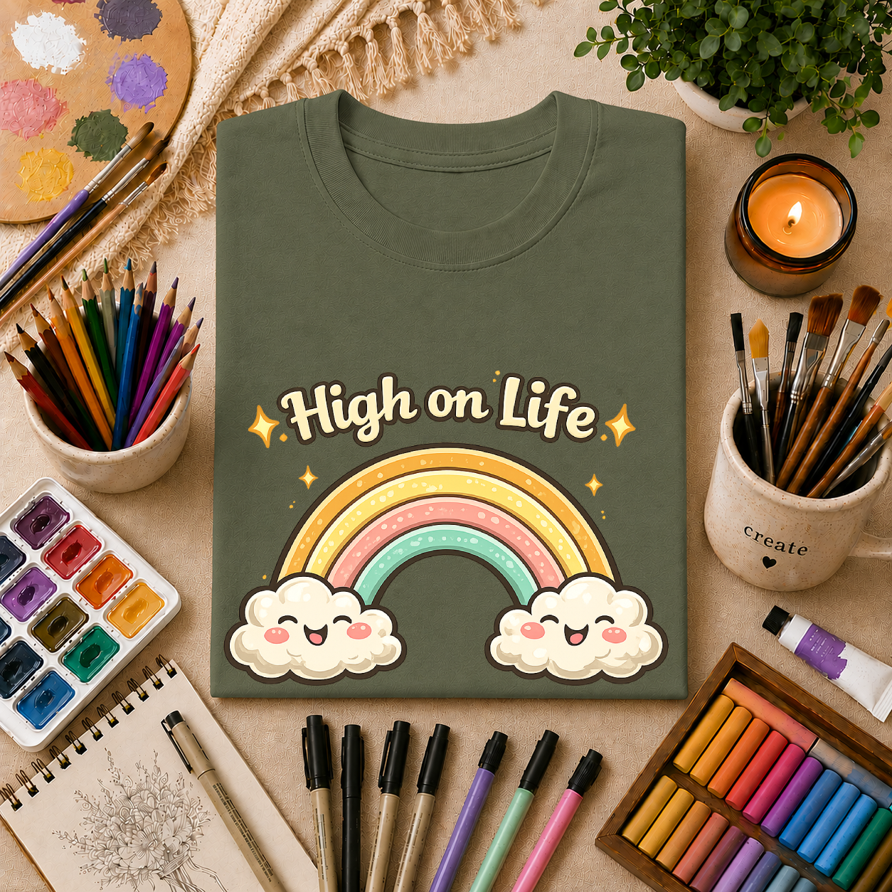 High on Life Cute Rainbow Tee (Retro Pastel Clouds) Gift T-Shirt