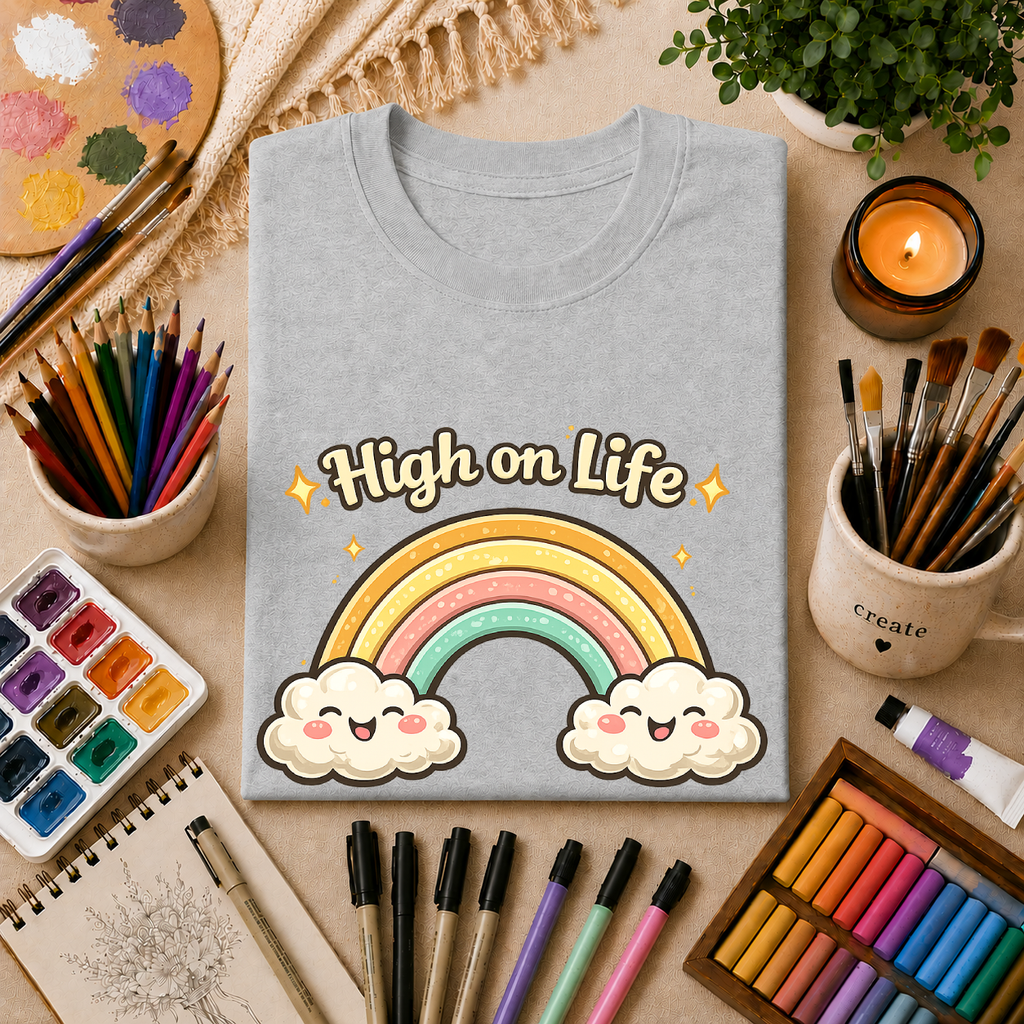 High on Life Cute Rainbow Tee (Retro Pastel Clouds) Gift T-Shirt