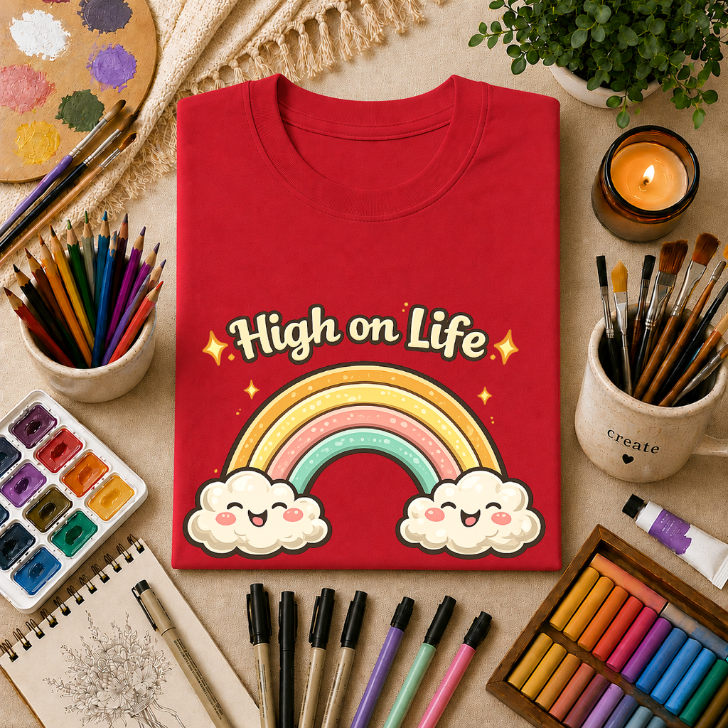 High on Life Cute Rainbow Tee (Retro Pastel Clouds) Gift T-Shirt
