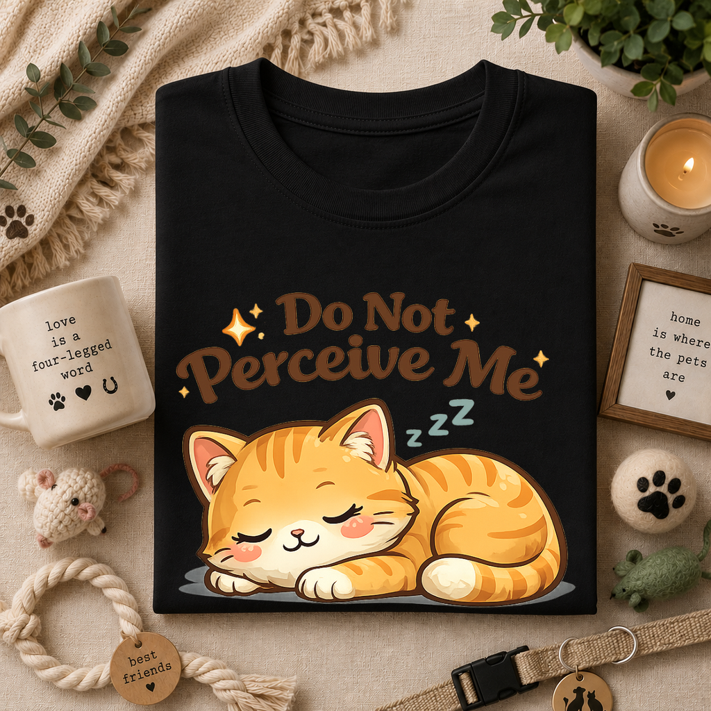 Cat T-Shirt — "Do Not Perceive Me" Cute Sleeping Orange Cat Tee