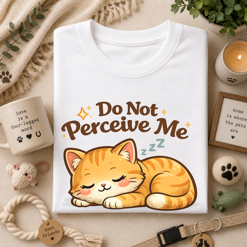 Cat T-Shirt — "Do Not Perceive Me" Cute Sleeping Orange Cat Tee
