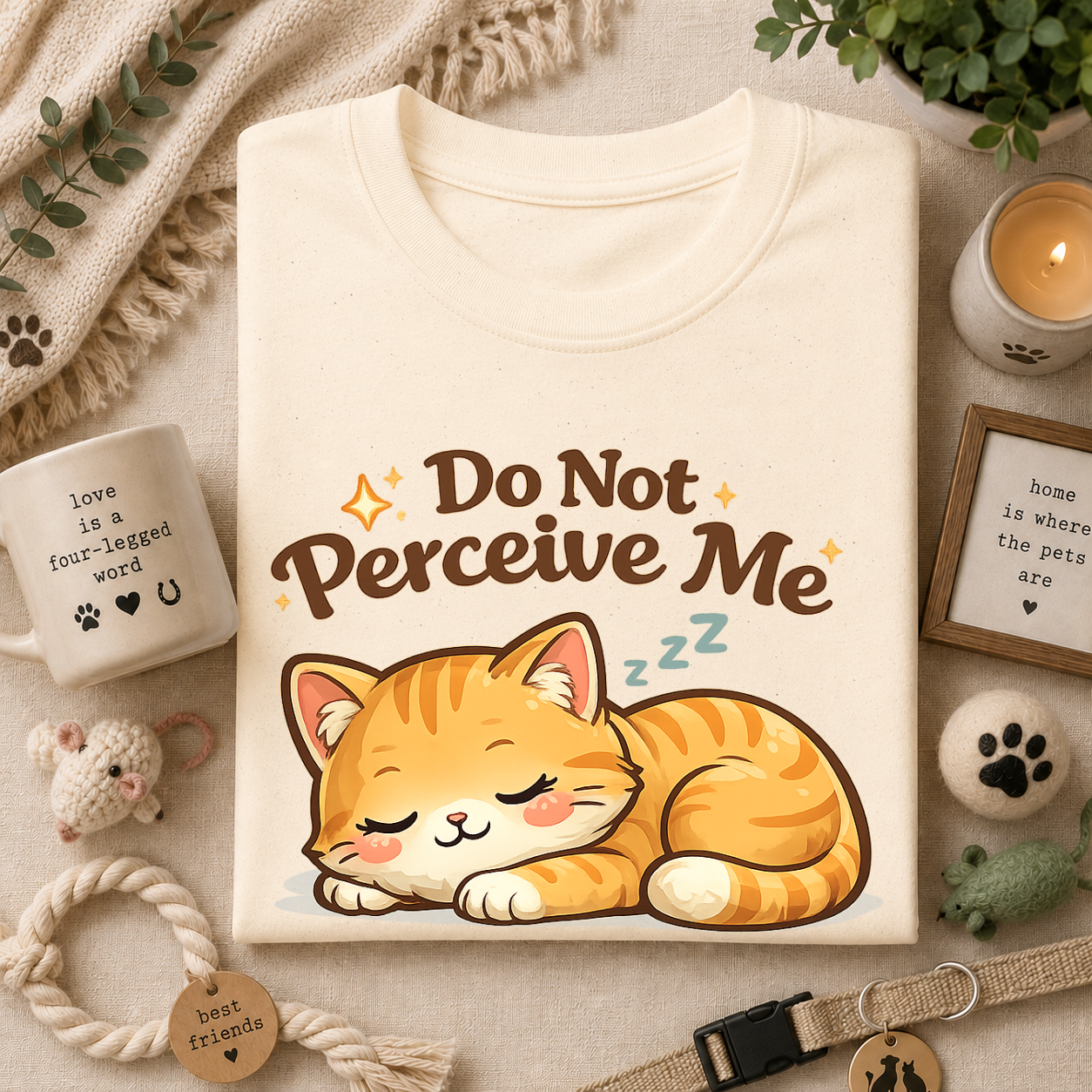 Cat T-Shirt — "Do Not Perceive Me" Cute Sleeping Orange Cat Tee