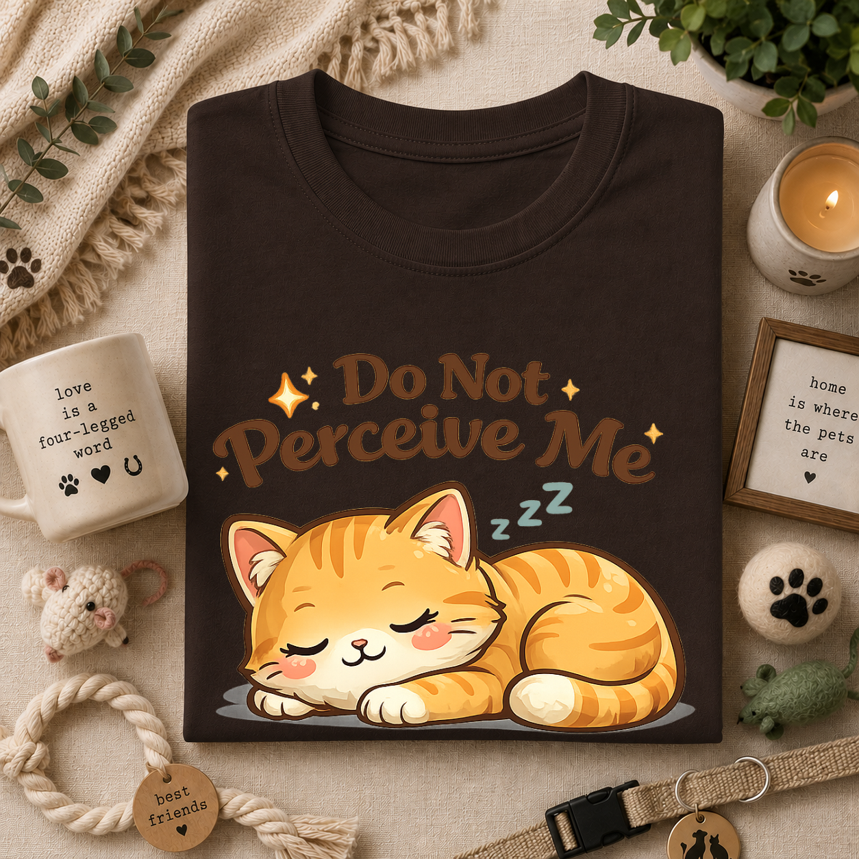 Cat T-Shirt — "Do Not Perceive Me" Cute Sleeping Orange Cat Tee