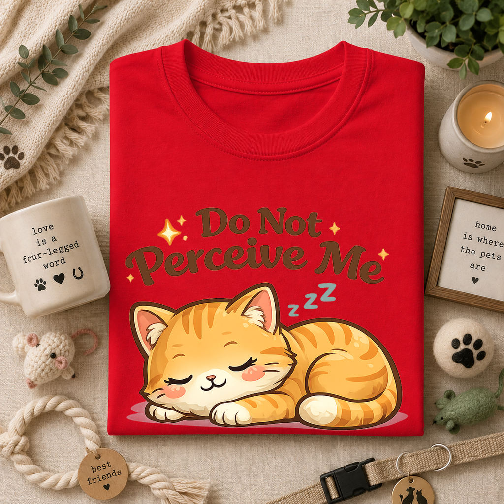 Cat T-Shirt — "Do Not Perceive Me" Cute Sleeping Orange Cat Tee