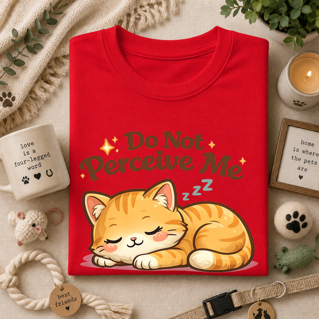 Cat T-Shirt — "Do Not Perceive Me" Cute Sleeping Orange Cat Tee